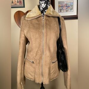 Tan Faux Suede Jacket with Faux Fur Collar | Size S